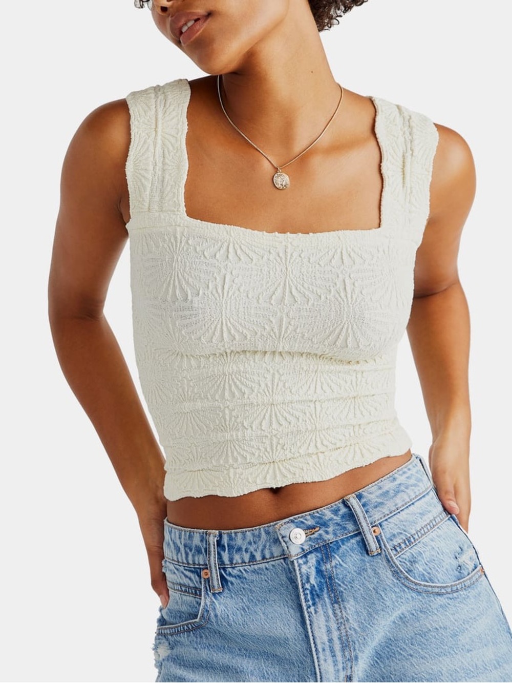 Free People love letters ivory Textured Square-Neck Tank